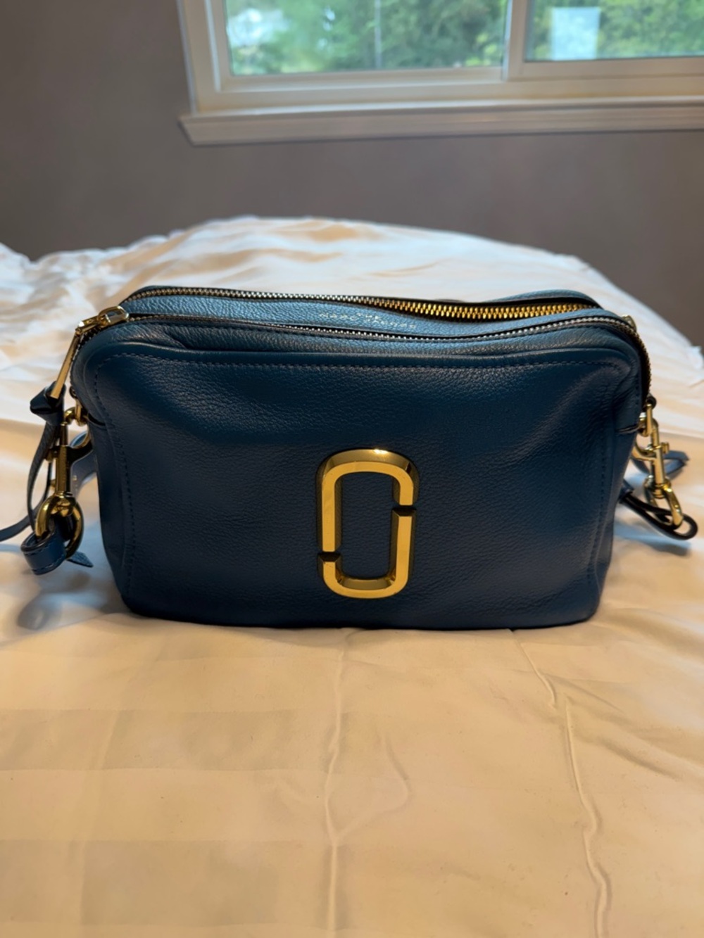 Marc Jacobs Navy Leather Double Zip Crossbody with Gold Hardware